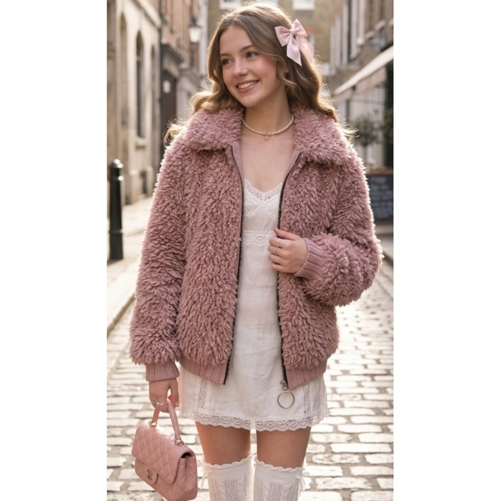 Zara TRF Pink Teddy Faux Fur Bomber Jacket Small Shearling Coquette Y2k Zip Coat